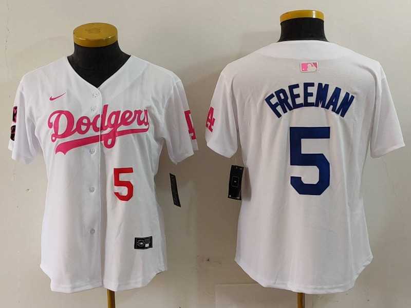 Women%27s Los Angeles Dodgers #5 Freddie Freeman White Pink With Patch Limited Stitched Jerseys